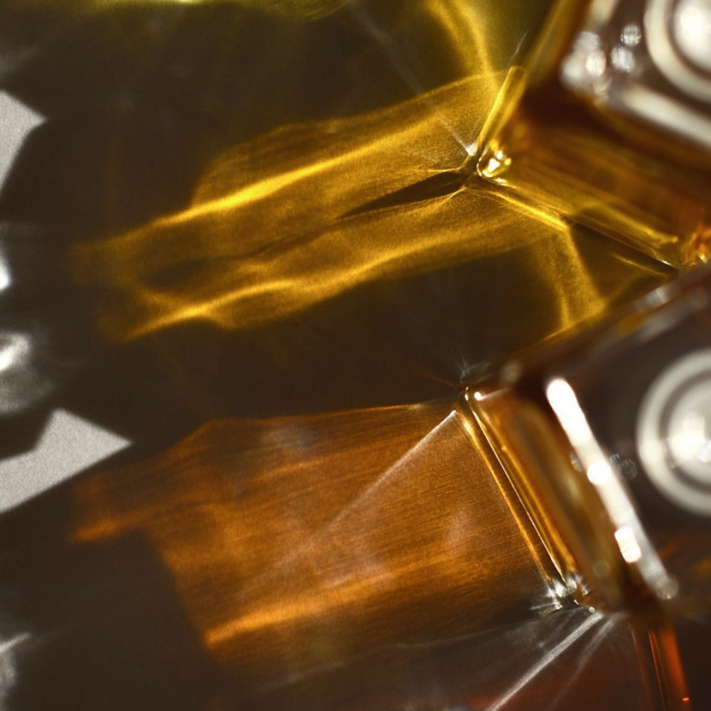 close-up of perfume bottles