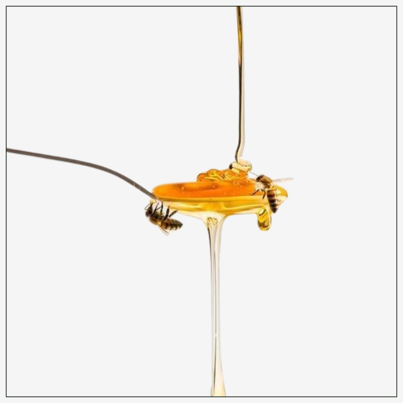 a tablespoon overflowing with honey with two bees on the honey